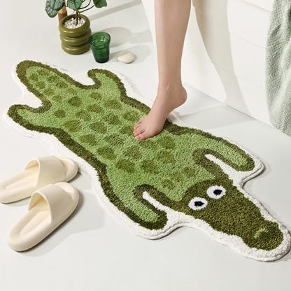 Panstar Crocodile Bath Mat for Bathroom, Cute Animal Bath Mats Non Slip Alligator Shaped Absorbent Bathtub Rug Bathroom Plush Shower Rugs