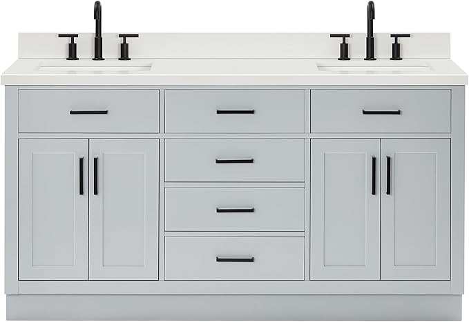 ARIEL Hepburn 66-inch Bathroom Vanity with Sink,Solid Wood, 1.5-inch Pure White Quartz Countertop & Backsplash, Double Rectangular Porcelain Sink, 4 Soft Closing Doors, 6 Dovetail Drawers, Grey
