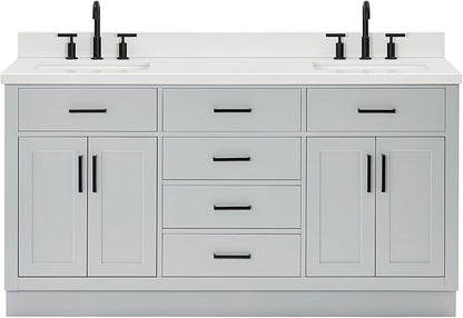 ARIEL Hepburn 66-inch Bathroom Vanity with Sink,Solid Wood, 1.5-inch Pure White Quartz Countertop & Backsplash, Double Rectangular Porcelain Sink, 4 Soft Closing Doors, 6 Dovetail Drawers, Grey