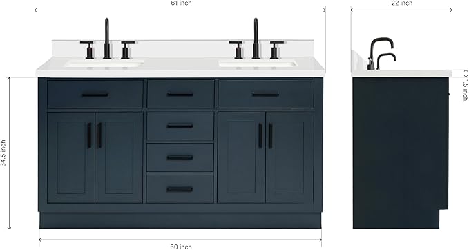 ARIEL Hepburn 60-inch Bathroom Vanity with Sink,Solid Wood, 1.5-inch Pure White Quartz Countertop, Double Rectangular Porcelain Sink, 4 Soft Closing Doors, 6 Dovetail Drawers, Midnight Blue