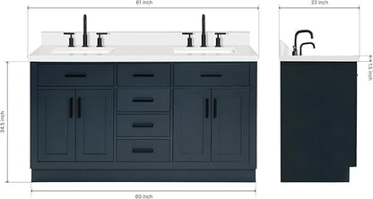 ARIEL Hepburn 60-inch Bathroom Vanity with Sink,Solid Wood, 1.5-inch Pure White Quartz Countertop, Double Rectangular Porcelain Sink, 4 Soft Closing Doors, 6 Dovetail Drawers, Midnight Blue