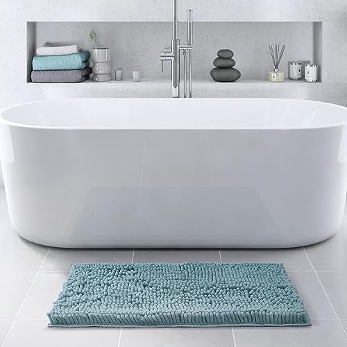 FRESHMINT Chenille Bathroom Rugs Mat 32”x20”, Non-Slip Bath Mat for Bathroom Floor & Bathtub, Washable Soft Shower Shag Bath Rugs, Durable Fluffy Thick Water Absorbent Microfiber Shower Mat, Blue