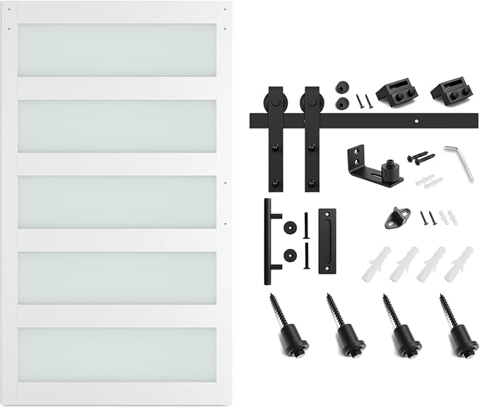 SMARTSTANDARD 48 x 84 in Glass Barn Door with 8FT Sliding Hardware Kit | Pre-Drilled Ready to Assemble, Waterproof PVC Coating, White, 5-Panel Glass