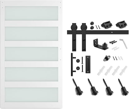 SMARTSTANDARD 48 x 84 in Glass Barn Door with 8FT Sliding Hardware Kit | Pre-Drilled Ready to Assemble, Waterproof PVC Coating, White, 5-Panel Glass