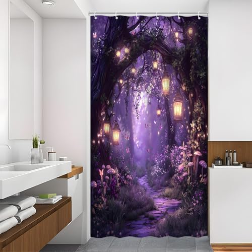 Fantasy Forest Path Shower Curtain Purple Fairy Magical Enchanted Misty Jungle Mushroom Floral Tree Butterfly Lantern Wonderland Bath Curtain Fabric Bathroom Accessories Decor with Hooks 47W x63L