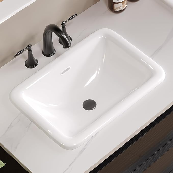 Bathroom Vessel Sink 20" x 15" Semi Recessed Sink White Drop in ceramic Sink with Overflow Modern Sinks Bowl Vanity Above Counter Basin