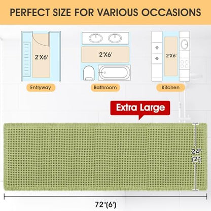 Extra Large Waffle Bath Mat Sage Green 6'x2'(72" x 24"), Boho Woven Modern Bath Mat Rugs, Absorbent Non Slip Bathroom Rugs, Soft Washable Bath Rugs with Tassels for Bathroom, Bedroom, Kitchen, Shower