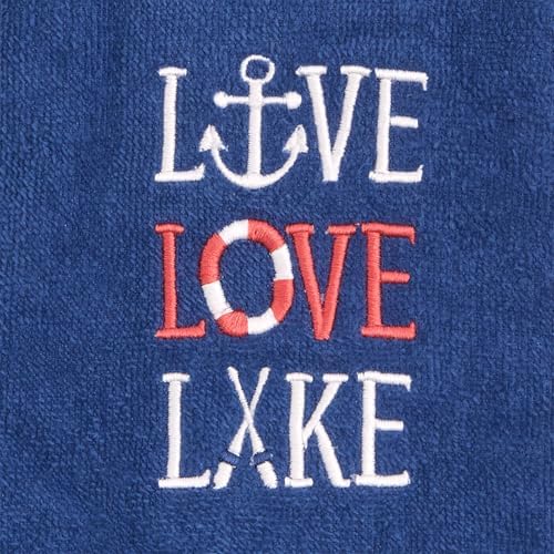 Ritz 2-Piece Cotton Velour Bathroom Hand Towel Set, Embroidered Live Love Lake Design, Soft Navy Blue Nautical Decorative Towels for Lake House, Cottage, Cabin Decor, 16” x 26”