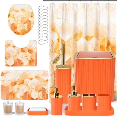 XLHOMO Bathroom Set - 26PC Bathroom Set with Shower Curtain and Rugs, Bathroom Accessory Set, Orange Bathroom Accessories Set, Trash Can & Soap Dispenser