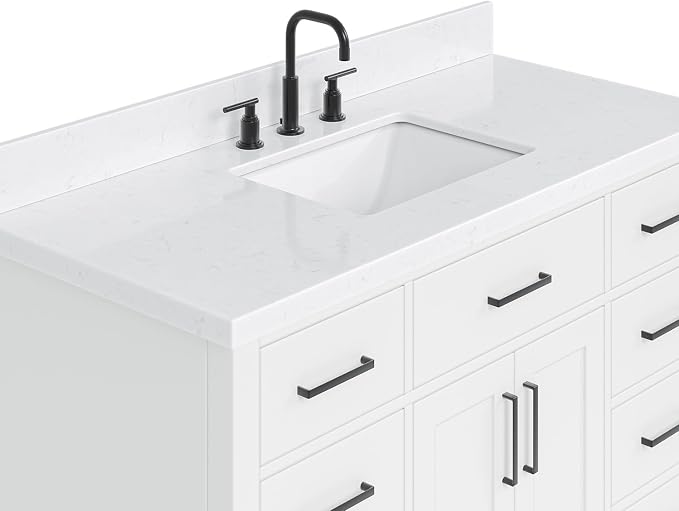 Isabella 48-Inch Bathroom Vanity with Sink — White Single Sink Bathroom Vanity, 1.5" Edge Carrara Quartz Countertop, Solid Wood, 2 Soft-Close Doors, 8 Dovetail Drawers + Tilt Drawer