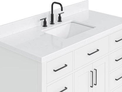 Isabella 48-Inch Bathroom Vanity with Sink — White Single Sink Bathroom Vanity, 1.5" Edge Carrara Quartz Countertop, Solid Wood, 2 Soft-Close Doors, 8 Dovetail Drawers + Tilt Drawer