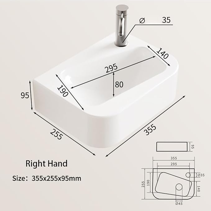 14"x10" Small Bathroom Sink Wall Mount Bathroom Sink Rectangle Ceramic Wash Basin floating Mini Vessel Sink for Bathrooms, Right Hand