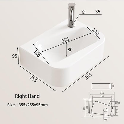 14"x10" Small Bathroom Sink Wall Mount Bathroom Sink Rectangle Ceramic Wash Basin floating Mini Vessel Sink for Bathrooms, Right Hand