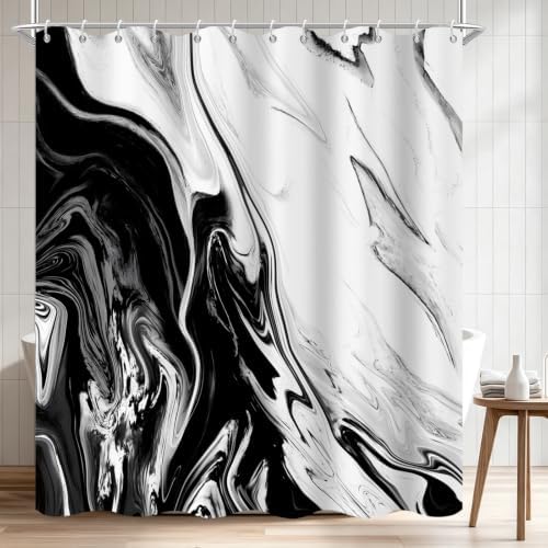 Black Marble Shower Curtain Modern Abstract Luxury Fluid Ink Texture Watercolor Bathroom Curtain Set with Hooks Soft and Lightweight Waterproof Fabric Machine Washable 60" Wx72 L