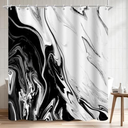 Black Marble Shower Curtain Modern Abstract Luxury Fluid Ink Texture Watercolor Bathroom Curtain Set with Hooks Soft and Lightweight Waterproof Fabric Machine Washable 66" WX72 L