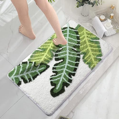 Leaves Bath Mat Green Area Rug Non-Slip Soft Absorbent Bathroom Rugs Machine Washable Bath Rug Floor Carpet Entryway Door Mat for Tub Shower Decor 17.5 X 25.5 Inches