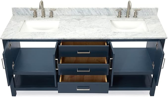 ARIEL Magnolia 72-inch Bathroom Vanity with Sink,Solid Wood, 0.75-inch Italian Carrara Marble Countertop, Double Rectangular Porcelain Sink, 4 Soft Closing Doors, 3 Dovetail Drawers, Midnight Blue