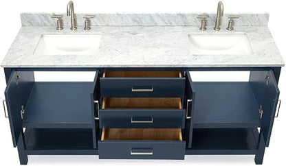 ARIEL Magnolia 72-inch Bathroom Vanity with Sink,Solid Wood, 0.75-inch Italian Carrara Marble Countertop, Double Rectangular Porcelain Sink, 4 Soft Closing Doors, 3 Dovetail Drawers, Midnight Blue