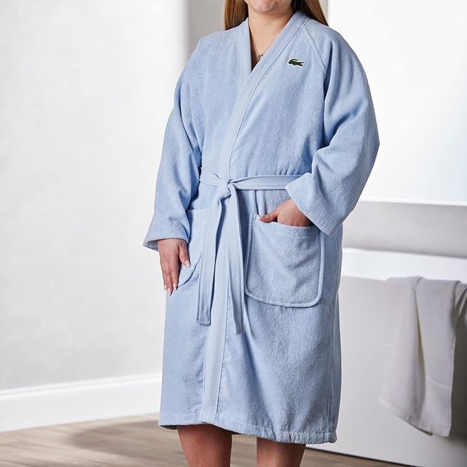 Lacoste Classic Pique Bath Robe, 100% Soft Cotton Terry, Unisex Adult Bathrobe, Absorbent & Quick Drying, One Size Fits Most