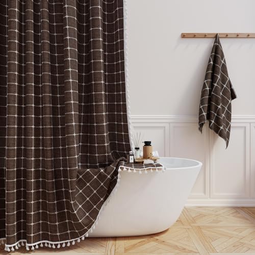 BTTN Brown Boho Farmhouse Linen Heavy Duty Fabric Shower Curtain Set, 72x72
