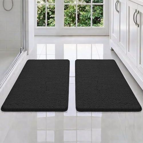 Bcoimo Bath Rug Mat Set,2 Piece Thick Absorbent Chenille Bathroom Mat Black