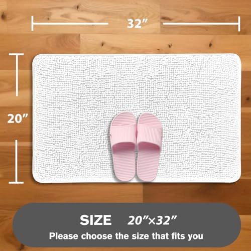 White Bathroom Rugs – Absorbent and Washable Bath Mat, Non-Slip, Thick Soft Chenille Bath Rugs for Bathroom Floor, Shower, Sink - 20" x 32"