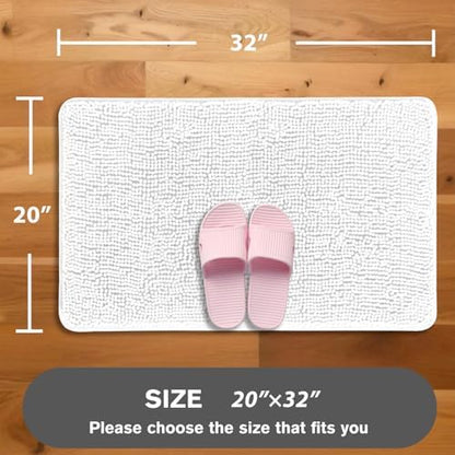 White Bathroom Rugs – Absorbent and Washable Bath Mat, Non-Slip, Thick Soft Chenille Bath Rugs for Bathroom Floor, Shower, Sink - 20" x 32"