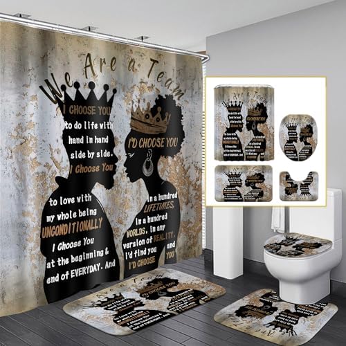4Pcs Black Man Women Shower Curtain Set with Rugs Toilet Lid Cover Bath Mat, Romantic Couples Bathroom Decor Sets with Hooks, Waterproof Fabric King Queen Shower Curtains