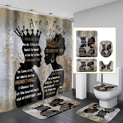 4Pcs Black Man Women Shower Curtain Set with Rugs Toilet Lid Cover Bath Mat, Romantic Couples Bathroom Decor Sets with Hooks, Waterproof Fabric King Queen Shower Curtains