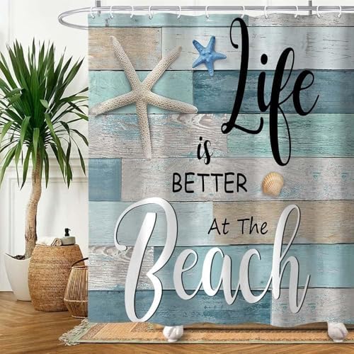 Beach Shower Curtain, Rustic Vintage Wood Ocean Quote Words Summer Fabric Decor Bath Curtain, Nautical Coastal Starfish Theme Bathroom Curtain Accessories with Hooks 36X72in