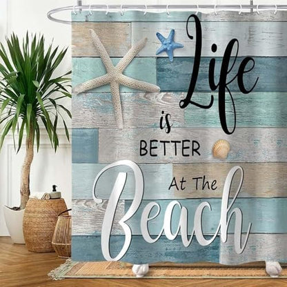Beach Shower Curtain, Rustic Vintage Wood Ocean Quote Words Summer Fabric Decor Bath Curtain, Nautical Coastal Starfish Theme Bathroom Curtain Accessories with Hooks 36X72in