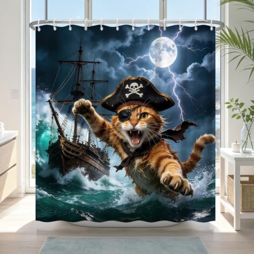 Ocean Pirate Cat Waterproof Nautical Bathroom Shower Curtain Set with Hooks