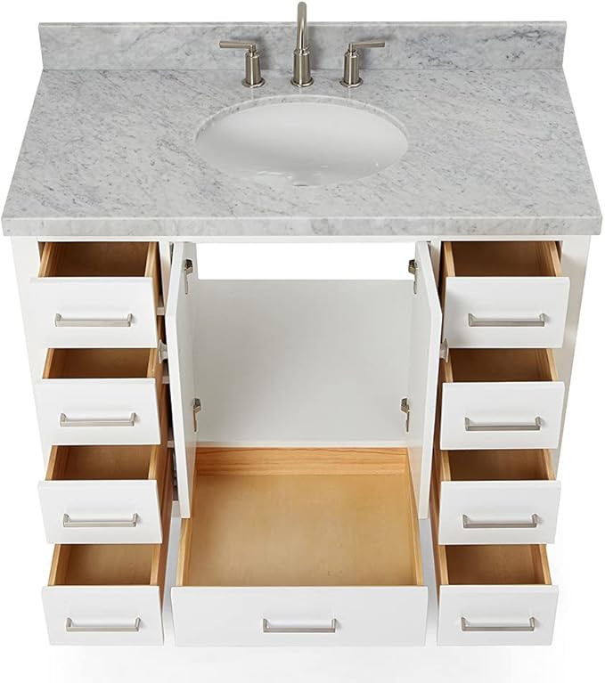 ARIEL Cambridge 42-inch Bathroom Vanity with Sink,Solid Wood, 1.5-inch Italian Carrara Marble Countertop & Backsplash, Single Oval Porcelain Sink, 2 Soft Closing Doors, 9 Dovetail Drawers, White