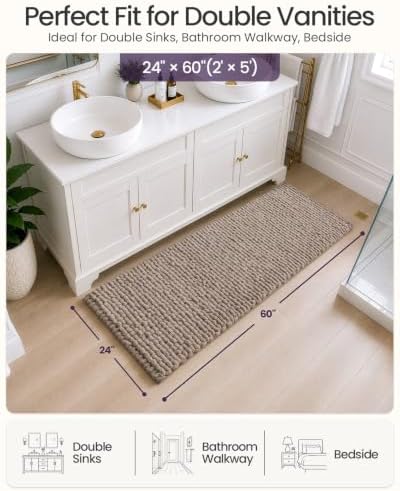 DEXI Bathroom Runner Rugs 60x24, Non Slip Chinelle Bath Mat, Taupe