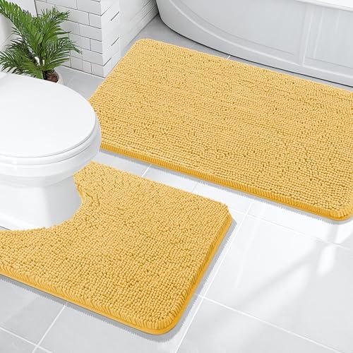OLANLY Chenille Bathroom Rugs Mats Sets 2 Piece, 47"x20"+24"x20", Yellow