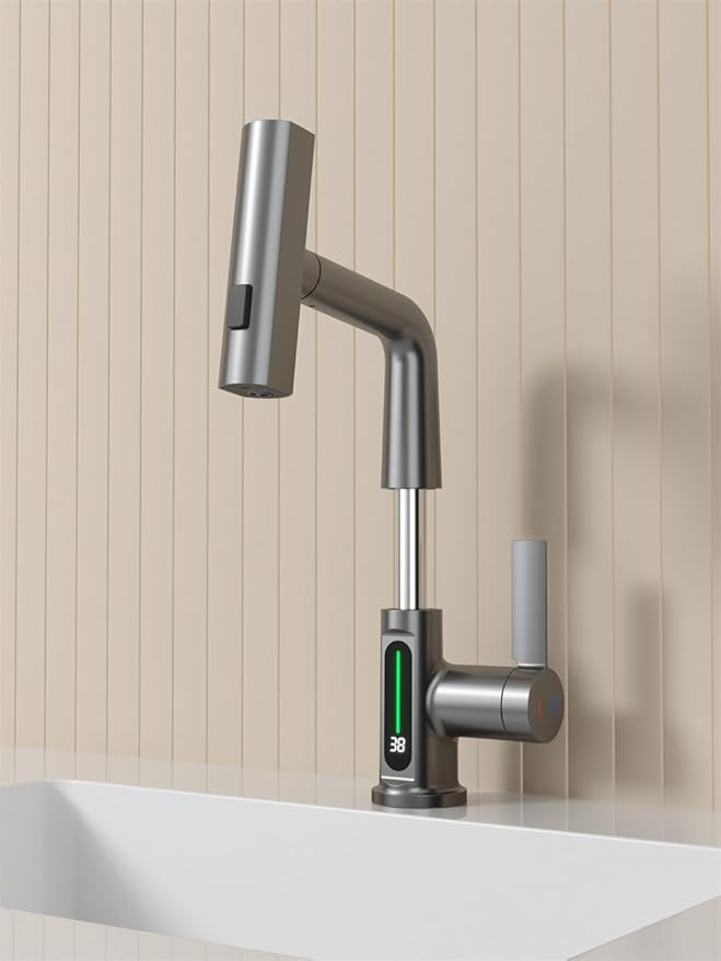 Bathroom One Hole Sink Basin Faucet with Waterfall Pull Down Sprayer,Vanity Single Handle 1 Hole RV Kitchen Pull Out Faucet with Rainfall Spray Head Temperature Digital Display Mixer Tap Grey