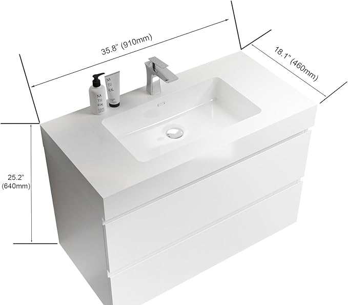 36" Floating Bathroom Vanity with Sink, Modern Bathroom Cabinet with Top and Soft Close Drawers, Spacious Storage for Small Space, White - Lavanda Collection