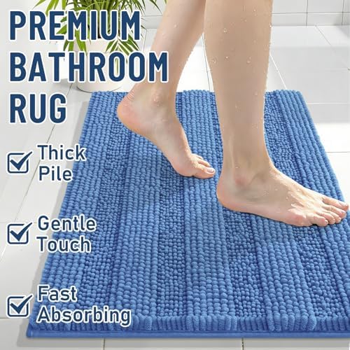 Grandaily Chenille Striped Bathroom Rugs 47x20, Extra Thick and Soft Absorbent Bath Mats, Rubber Backing, Plush Shaggy Shower Carpet, Machine Wash Dry, Bath Rug for Bathroom, Cornflower Blue