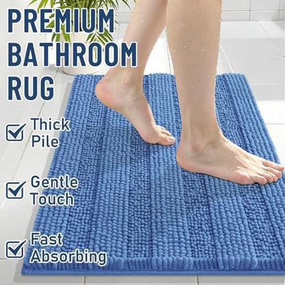 Grandaily Chenille Striped Bathroom Rugs 70x24, Extra Thick and Soft Absorbent Bath Mats, Rubber Backing, Plush Shaggy Shower Carpet, Machine Wash Dry, Bath Rug for Bathroom, Cornflower Blue