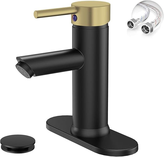 Bathroom Sink Faucet, Greenspring Black and Gold Bathroom Faucets Single Handle Bathroom Vanity Faucet for 1 Hole or 3 Holes with Pop Up Drain, Brass