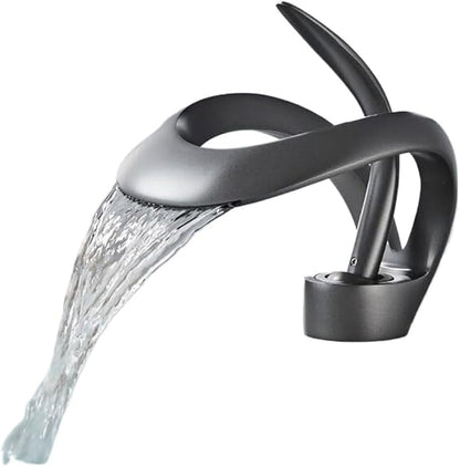 Faucet Modern Brass Bathroom Basin Faucet with Waterfall Spout Deck Mount Hot Cold Water Mixer Tap Durable Construction(Gray) Faucet