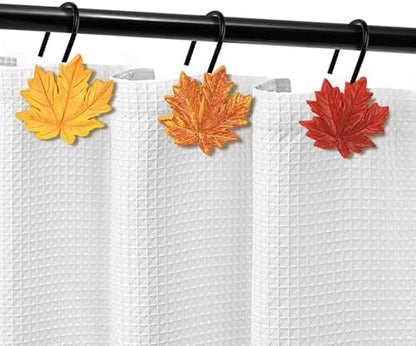 Sunlit Maple Leaf Shower Curtain Hooks for Fall Autumn, Home Decorative Shower Curtain Rings with Black Hooks for Bathroom, Resin, Orange Red Shower Curtain Hangers Bath Accessories, Set of 12