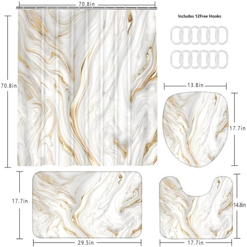 Nkzply 4Pcs White and Gold Marble Shower Curtain Set Bathroom Set with Rugs