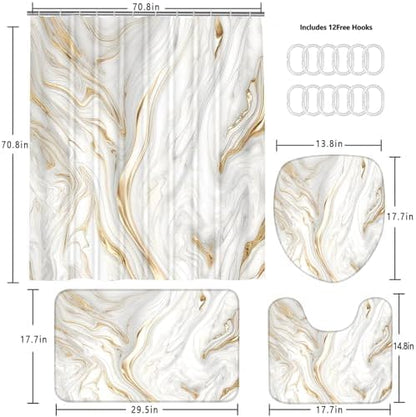 Nkzply 4Pcs White and Gold Marble Shower Curtain Set Bathroom Set with Rugs