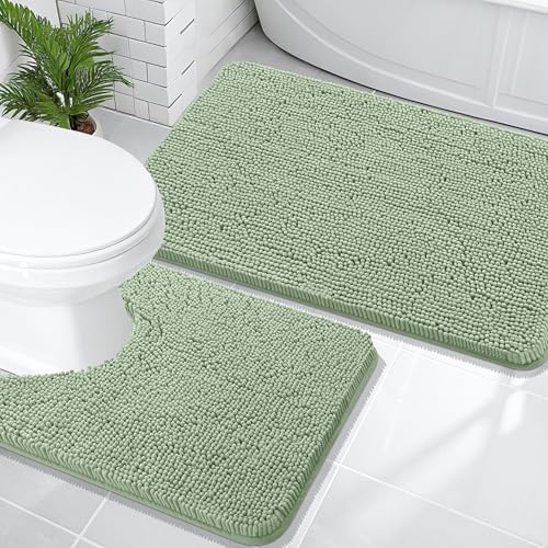 OLANLY Chenille Bathroom Rugs Mats Set 2 Piece, 36"x24"+24"x20", Sage Green