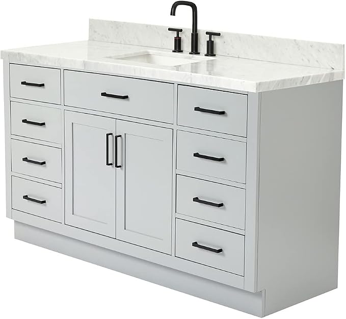ARIEL Hepburn 60-inch Bathroom Vanity with Sink,Solid Wood, 1.5-inch Italian Carrara Marble Countertop, Single Rectangular Porcelain Sink, 2 Soft Closing Doors, 9 Dovetail Drawers, Grey