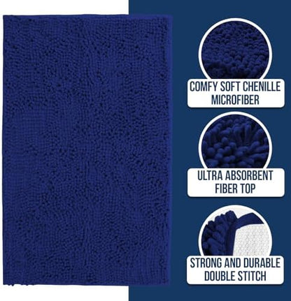 Muddy Mat® | Chenille Bathroom Rugs Quick Dry Microfiber Mats Non Slip Washable, Extra Thick, Soft and Highly Absorbent Bath Mats for Bathroom, Kitchen, and Shower Floor - Navy Blue 35"x59"