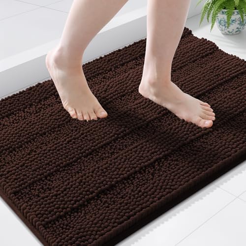 Grandaily Chenille Striped Bathroom Rugs 36x24, Extra Thick and Soft Absorbent Bath Mats, Rubber Backing, Plush Shaggy Shower Carpet, Machine Wash Dry, Bath Rug for Bathroom, Dark Brown