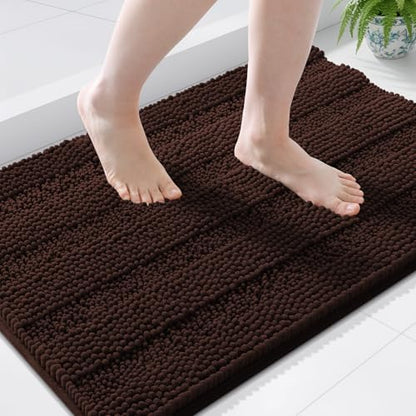 Grandaily Chenille Striped Bathroom Rugs 36x24, Extra Thick and Soft Absorbent Bath Mats, Rubber Backing, Plush Shaggy Shower Carpet, Machine Wash Dry, Bath Rug for Bathroom, Dark Brown