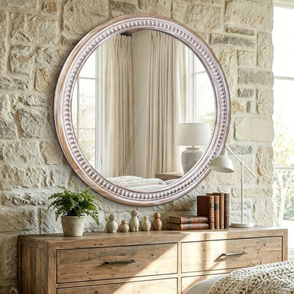 30 Inch Round Wood Mirror, Rustic Farmhouse Wall Mirrors for Bathroom